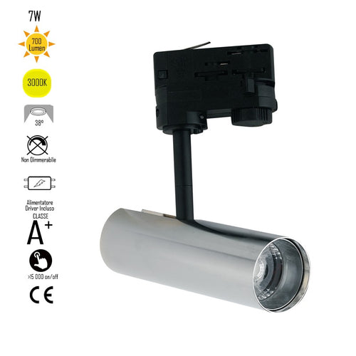 Faretto per binario orientabile a led in alluminio cromo A+ Luce calda 7 W