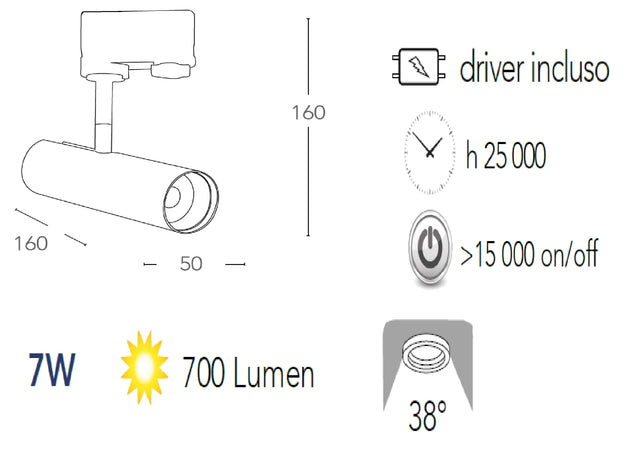 Faretto per binario orientabile a led in alluminio cromo A+ Luce calda 7 W