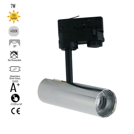 Faretto per binario orientabile a led in alluminio cromato A+ Luce naturale 7 W