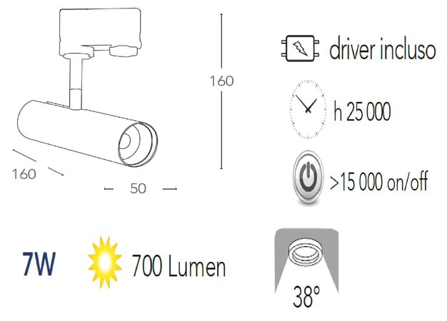 Faretto per binario orientabile a led in alluminio cromato A+ Luce naturale 7 W