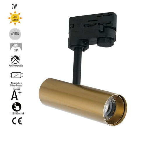 Faretto per binario orientabile a led in alluminio oro A+ Luce naturale 7 W