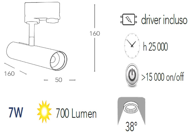 Faretto per binario orientabile a led in alluminio oro A+ Luce naturale 7 W