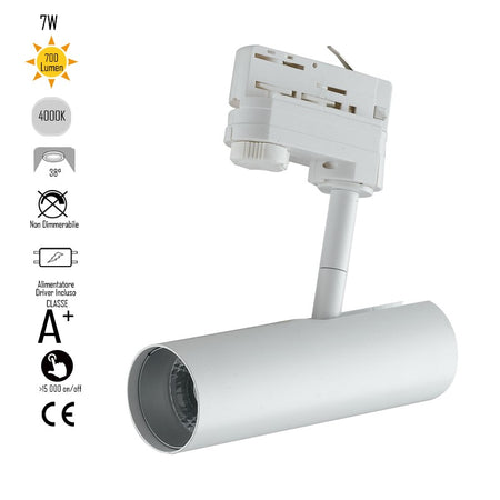 Faretto per binario orientabile a led in alluminio bianco A+ Luce naturale 7 W