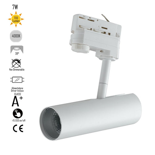 Faretto per binario orientabile a led in alluminio bianco A+ Luce naturale 7 W