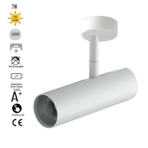 Faretto da soffitto orientabile a led in alluminio bianco led cob integrato A+ luce naturale K 7 W