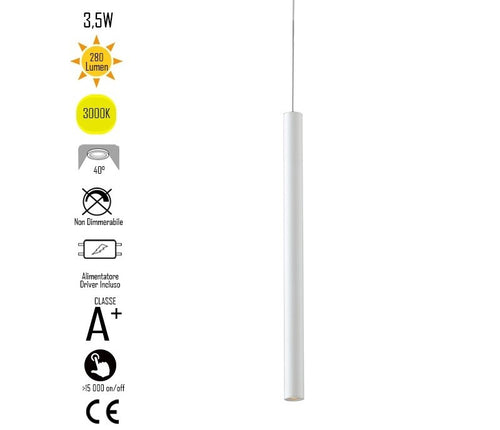 Lampadario da soffitto sospensione OBOE in alluminio tubo bianco trifase Led Cob 3000K