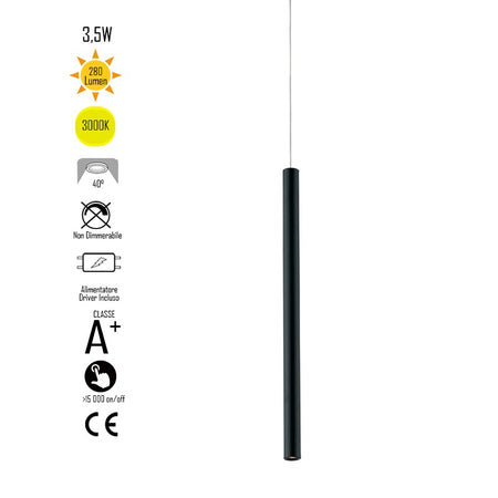 Lampadario da soffitto sospensione OBOE in alluminio tubo nero trifase Led Cob 3000K