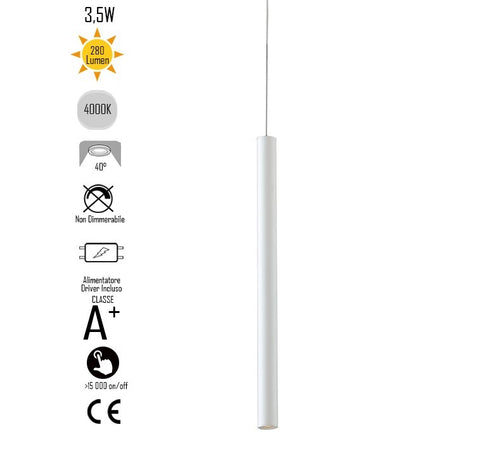 Lampadario da soffitto sospensione OBOE in alluminio tubo bianco trifase Led Cob 4000K