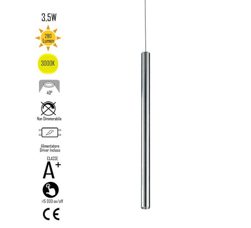 Lampadario da soffitto sospensione OBOE in alluminio tubo cromato trifase Led Cob 3000K