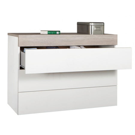 Cassettiera con 4 cassetti "Gelosia" bianco laccata e rovere gessato h 85 cm