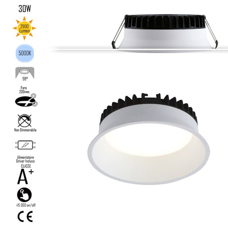 Lampada da incasso tonda in alluminio bianca pressofuso con Led SMD integrato 5000K- 2900Lm30W