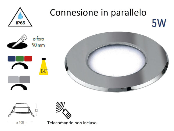 Led RGB da incasso RAINBOW in alluminio bianco 5W dm 10 cm connessione in parallelo