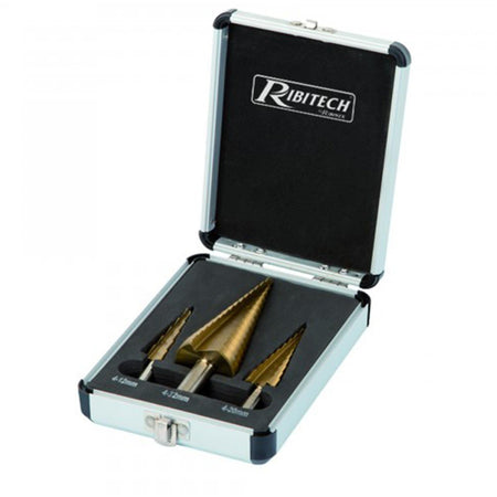 Set 3 punte a scalini in valigetta placcate in titanio per plastica metallo e legno trapano