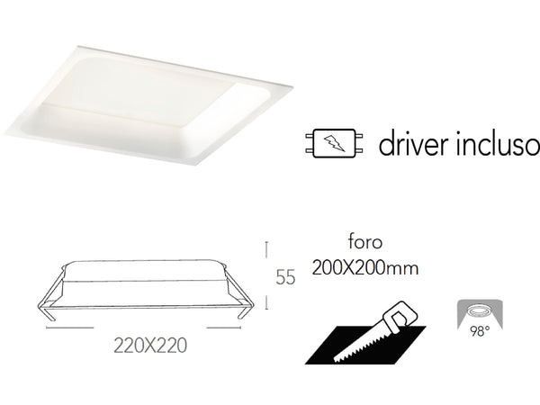 Lampada da incasso quadrata in alluminio bianca pressofuso con Led SMD integrato 5000K- 2900Lm30W
