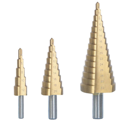 Set 3 punte a scalini in valigetta placcate in titanio per plastica metallo e legno trapano