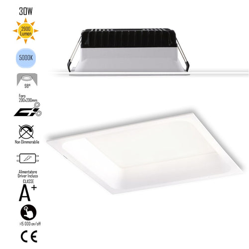 Lampada da incasso quadrata in alluminio bianca pressofuso con Led SMD integrato 5000K- 2900Lm30W