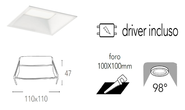 Lampada da incasso quadrata in alluminio bianca pressofuso con Led SMD integrato 5000K- 1000Lm12W