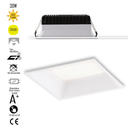 Lampada da incasso quadrata in alluminio bianca pressofuso con Led SMD integrato 3000K- 1500Lm18W