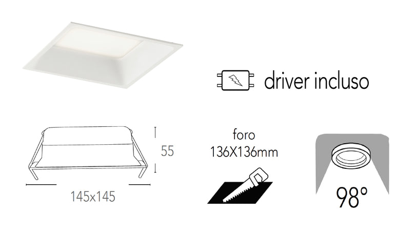 Lampada da incasso quadrata in alluminio bianca pressofuso con Led SMD integrato 3000K- 1500Lm18W