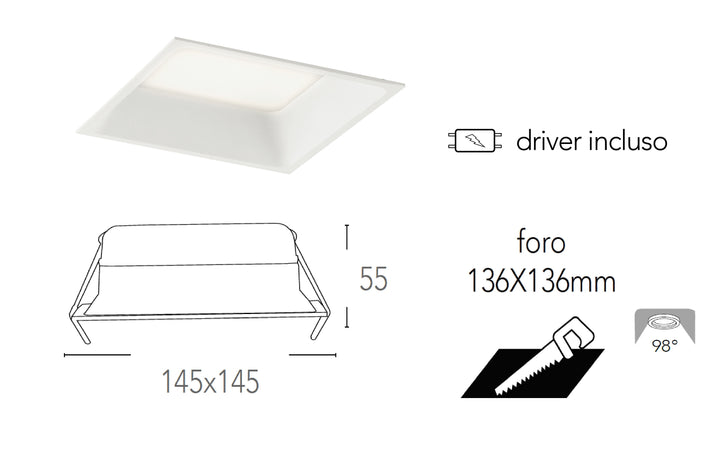 Lampada da incasso quadrata in alluminio bianca pressofuso con Led SMD integrato 5000K- 1600Lm18W