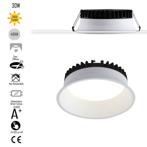 Lampada da incasso tonda in alluminio bianca pressofuso con Led SMD integrato 4000K- 2700Lm30W