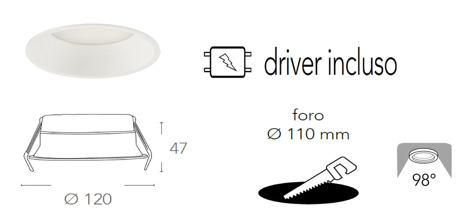 Lampada da incasso tonda in alluminio bianca pressofuso con Led SMD integrato 5000K- 1000Lm12W