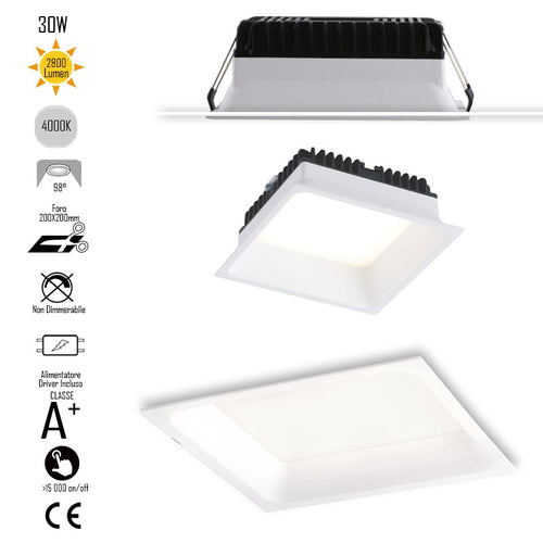 Lampada da incasso quadrata in alluminio bianca pressofuso con Led SMD integrato 4000K- 2800Lm30W