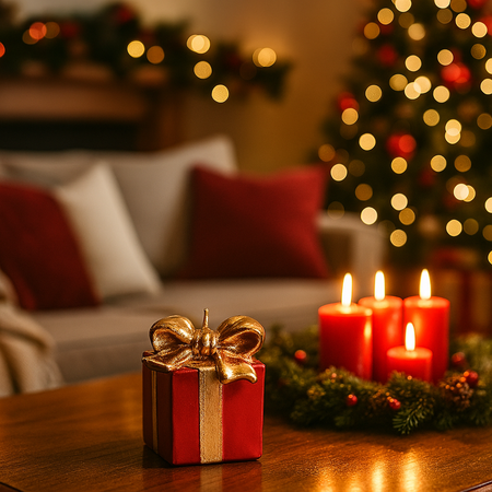 Candela decorativa pacco regalo in cera per decorazioni natalizie