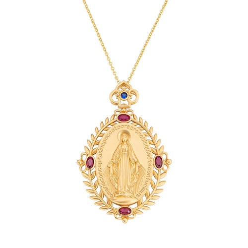 Amen - Collana Medaglia Miracolosa Dorata con Zirconi Bianchi, Rossi e Blu