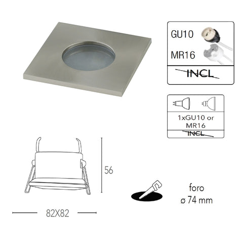 Struttura da incasso VIPER per lampada GU10 quadra fissa Nickel IP65 82x82 mm