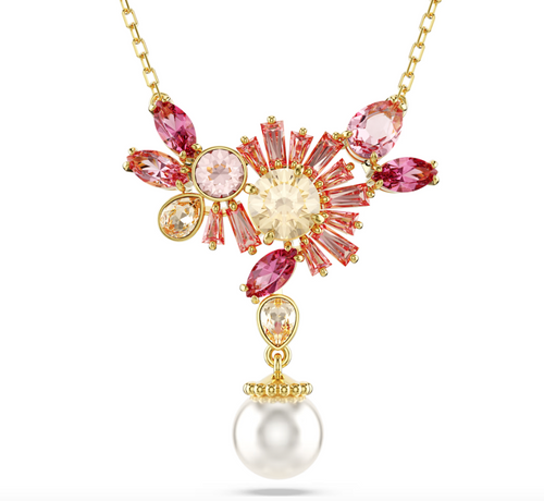 SWAROVSKI - Collana con Pendente Gema Taglio misto, Crystal Pearl, Fiore, Rosa, Placcato color oro