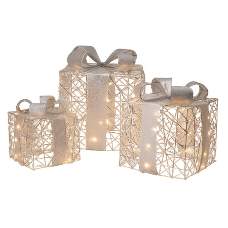 Pacchi regalo color argento con luci Led per decorazione natalizia set da 3
