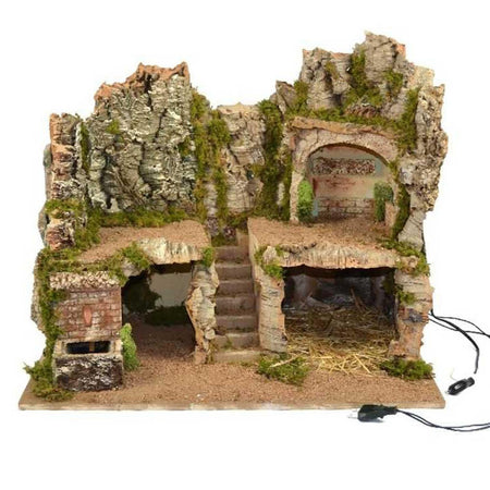 Scenario vuoto per presepe con grotta e fontana in legno e sughero 58 cm