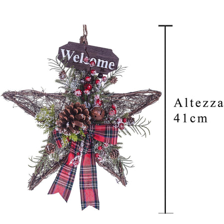 Ghirlanda dietro porta natalizio decorazione con stella scozzese cm 41 h