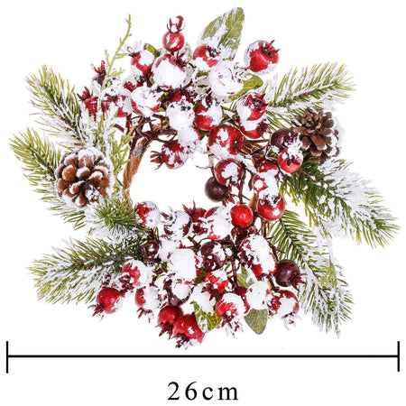 CENTROTAVOLA INNEVATO NATALIZIO DECORAZIONE CON BACCHE ROSSE E PIGNE Ø 26 CM