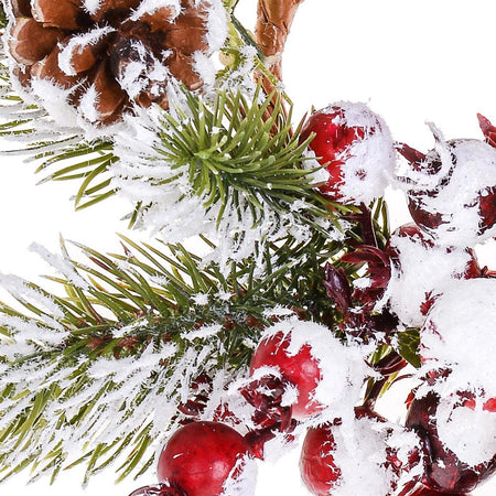 CENTROTAVOLA INNEVATO NATALIZIO DECORAZIONE CON BACCHE ROSSE E PIGNE Ø 26 CM