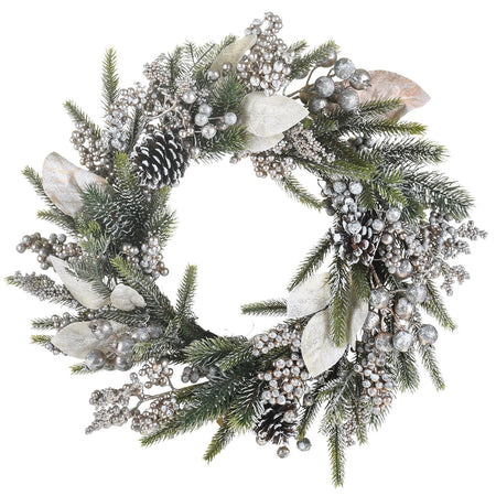 Ghirlanda tonda corona dietro porta innevato con pigne e bacche ø 36 cm