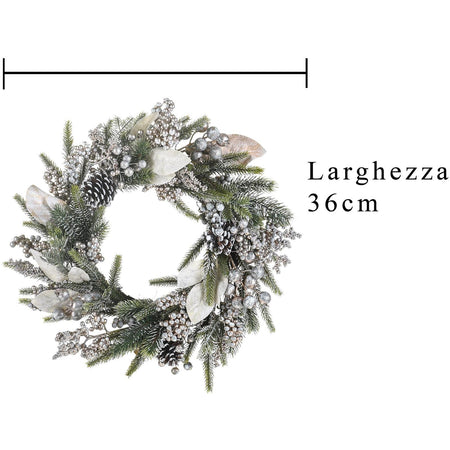 Ghirlanda tonda corona dietro porta innevato con pigne e bacche ø 36 cm