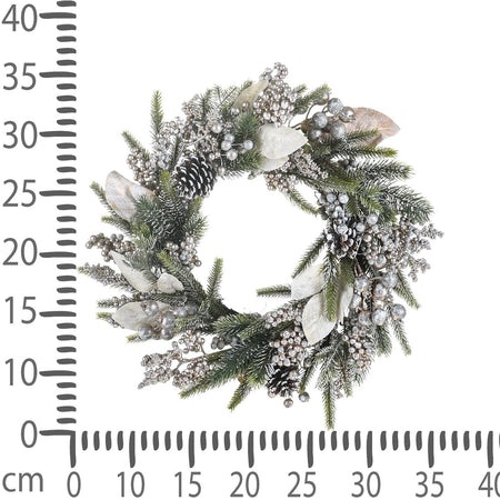 Ghirlanda tonda corona dietro porta innevato con pigne e bacche ø 36 cm