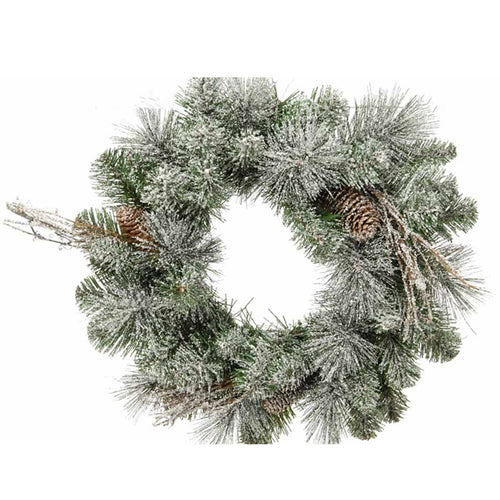 Ghirlanda tonda corona dietro porta innevato con pigne real touch