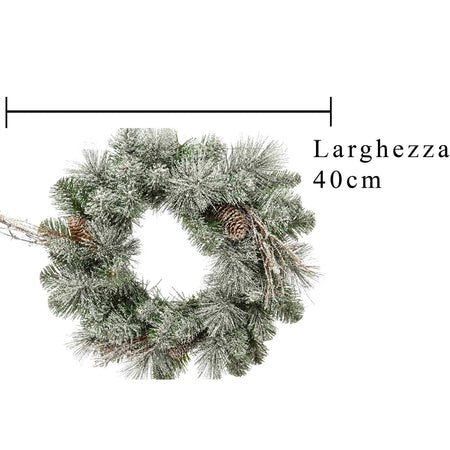 Ghirlanda tonda corona dietro porta innevato con pigne real touch