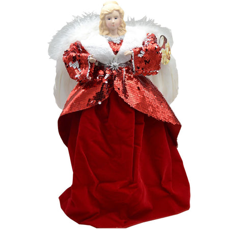 Puntale per albero di natale angelo rosso h 41 cm decorazione natalizia ali piumate