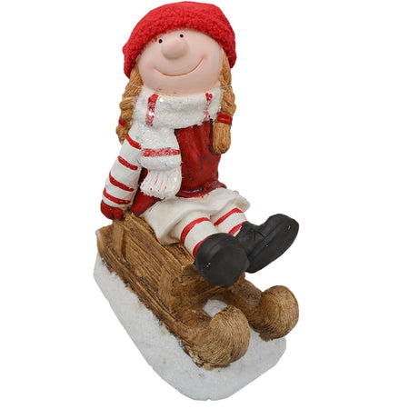 Bimba su slittino h 40 cm decorazione natalizia in poliresina rosso statuina