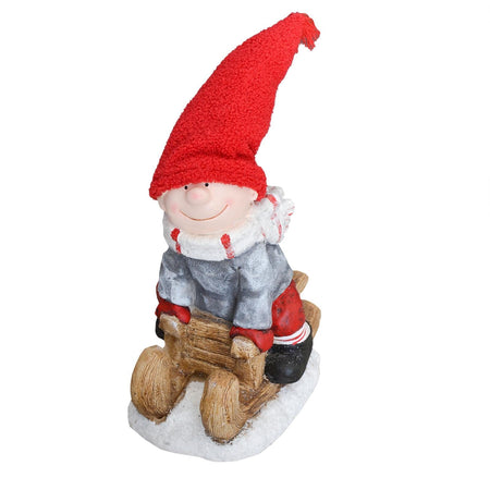 Bimbo su slittino h 40 cm decorazione natalizia in poliresina rosso statuina