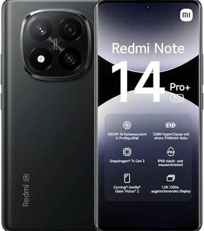 Xiaomi Redmi Note 14 Pro+ 5G Smartphone, 12 + 512 GB, Black, 200 MP Professional AI Camera, IP68, 120 W HyperCharge, AI Functions (Charger Not Included)