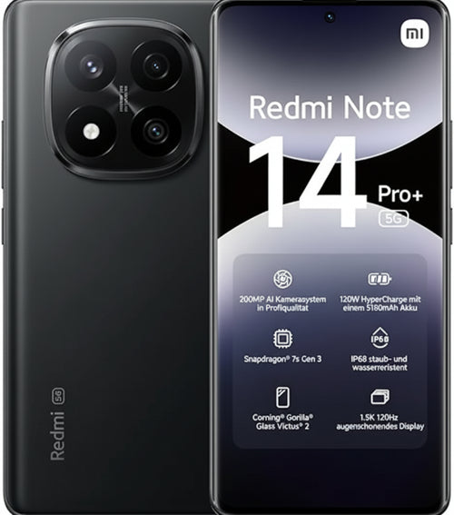 Xiaomi Redmi Note 14 Pro+ 5G Smartphone, 12 + 512 GB, Black, 200 MP Professional AI Camera, IP68, 120 W HyperCharge, AI Functions (Charger Not Included)