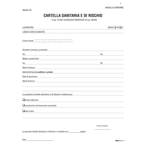 Cartella Sanitaria Di Rischio Per Lavoratori Esposti Ad Agenti Cancerogeni E2434