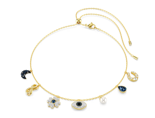 SWAROVSKI - Collana Girocollo Symbolica Luna, infinito, quadrifoglio, evil eye e ferro di cavallo, Blu, Placcato color oro