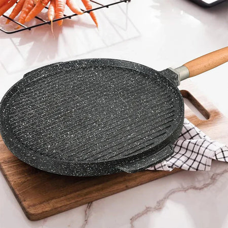 Grill Rotonda Antiaderente 32 cm a Due Facce con Manico Removibile in Legno