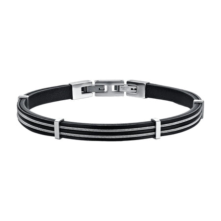 Luca Barra - Bracciale uomo in cuoio nero con elementi in acciaio